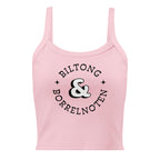 Women’s micro-rib tank top with large black “Biltong & Borrelnoten” circular graphic printed on the front.