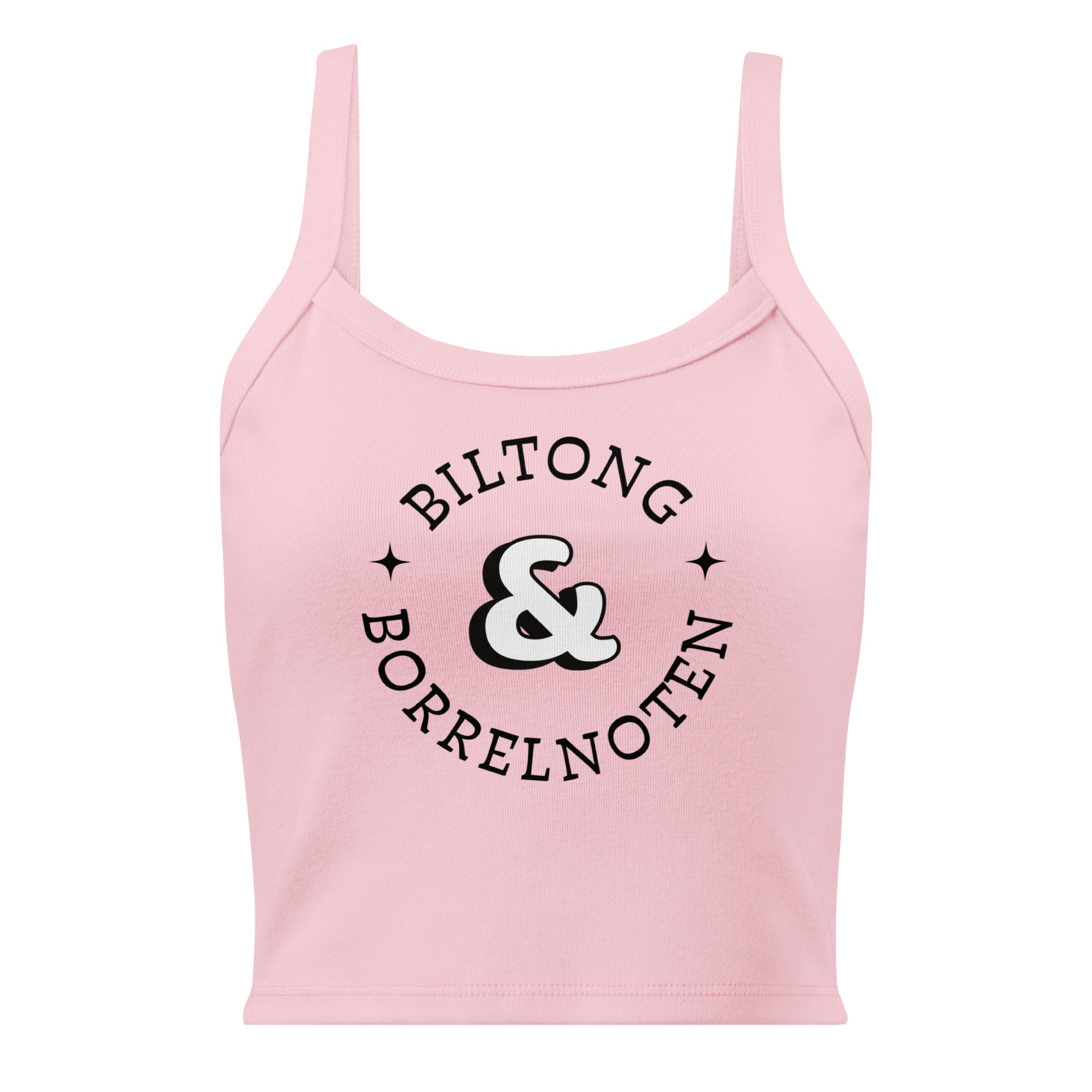Women’s micro-rib tank top with large black “Biltong & Borrelnoten” circular graphic printed on the front.