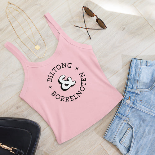 Women’s micro-rib tank top with large black “Biltong & Borrelnoten” circular graphic printed on the front.