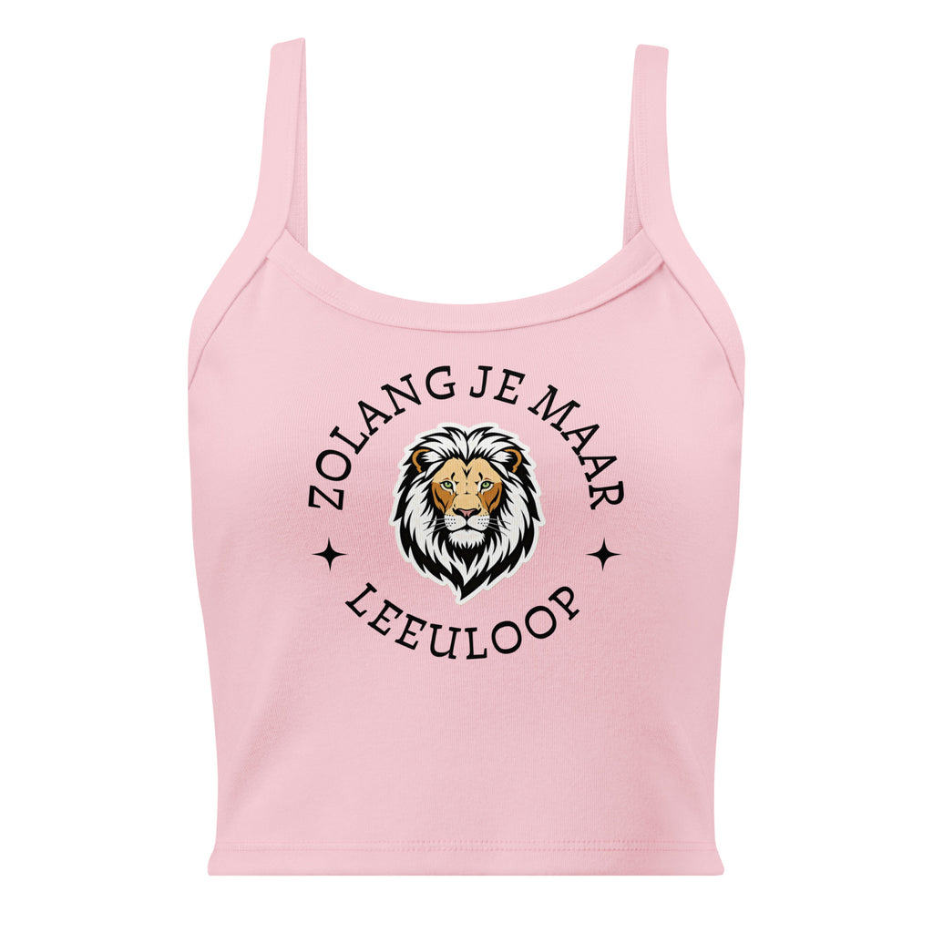 Women’s micro-rib tank top with lion illustration and the phrase “Zolang je maar leeuloop,” inspired by the Afrikaans song “Leeuloop.”