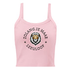 Women’s micro-rib tank top with lion illustration and the phrase “Zolang je maar leeuloop,” inspired by the Afrikaans song “Leeuloop.”