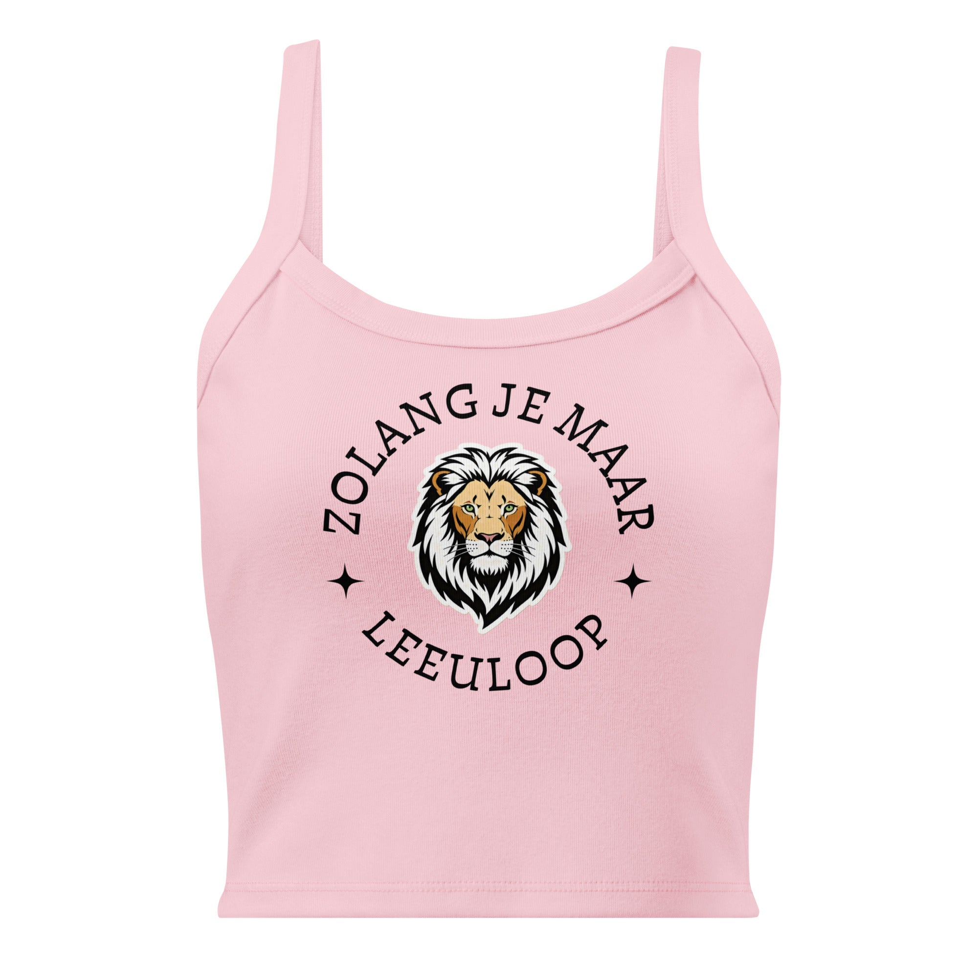 Women’s micro-rib tank top with lion illustration and the phrase “Zolang je maar leeuloop,” inspired by the Afrikaans song “Leeuloop.”