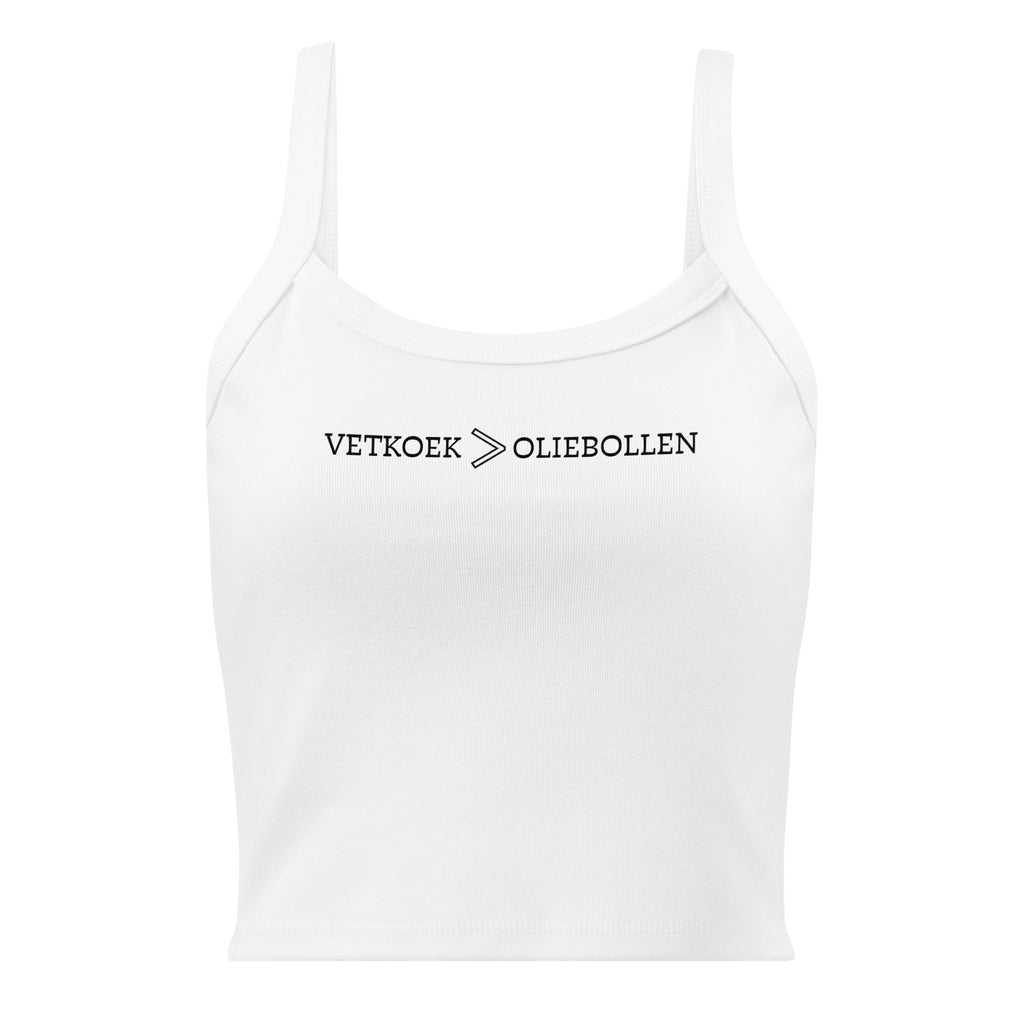 Women’s micro-rib tank top with the text “Vetkoek > Oliebollen” printed across the chest, South African Roots collection top.