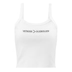 Women’s micro-rib tank top with the text “Vetkoek > Oliebollen” printed across the chest, South African Roots collection top.