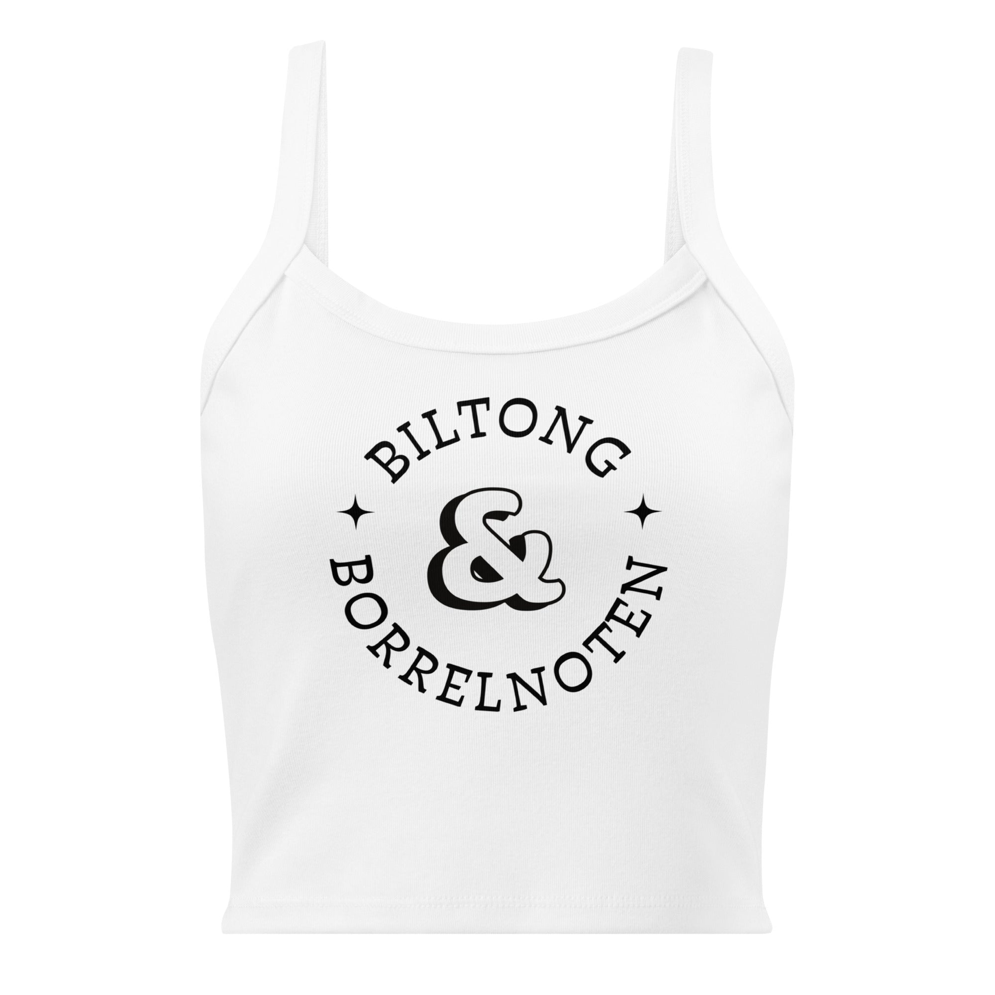 Women’s micro-rib tank top with large black “Biltong & Borrelnoten” circular graphic printed on the front.