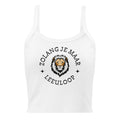Women’s micro-rib tank top with lion illustration and the phrase “Zolang je maar leeuloop,” inspired by the Afrikaans song “Leeuloop.”