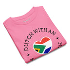 Youth t-shirt with “Dutch With An African Touch” text around a heart combining South African and Dutch flag colours.