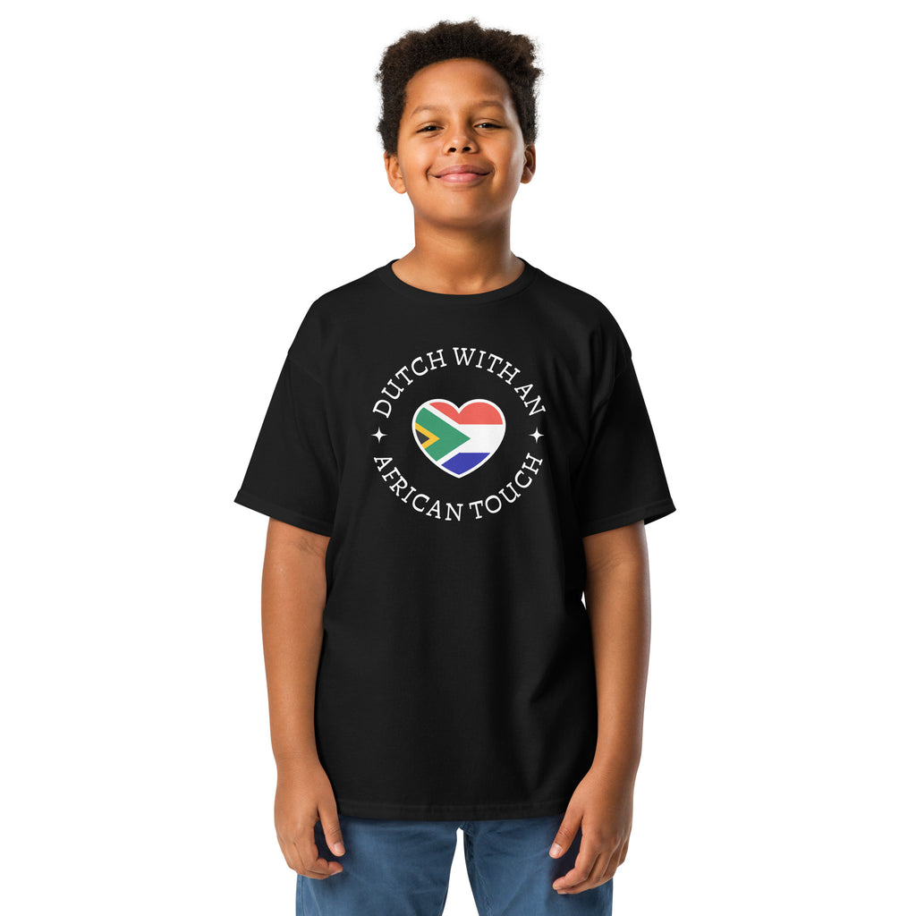Youth t-shirt with “Dutch With An African Touch” text around a heart combining South African and Dutch flag colours.
