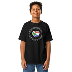 Youth t-shirt with “Dutch With An African Touch” text around a heart combining South African and Dutch flag colours.