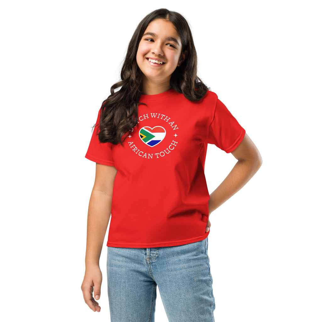 Youth t-shirt with “Dutch With An African Touch” text around a heart combining South African and Dutch flag colours.