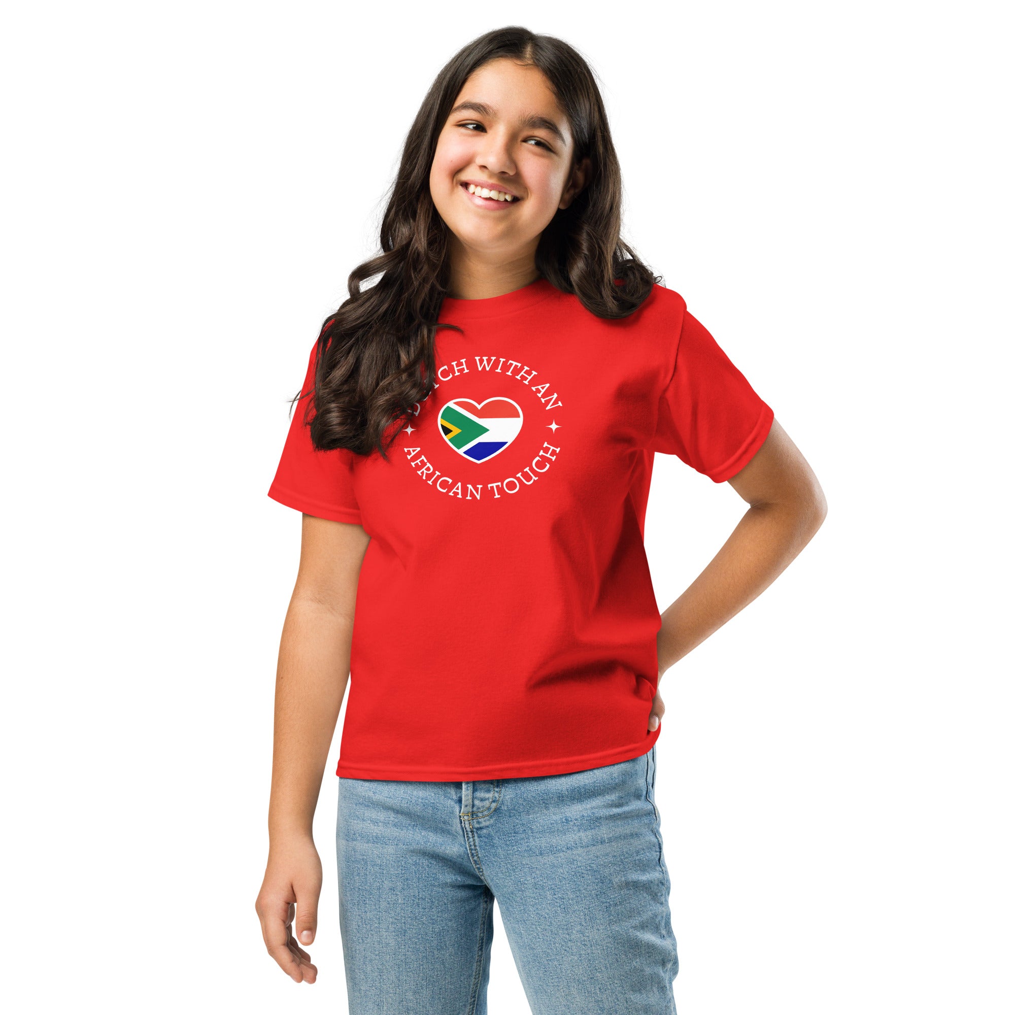 Youth t-shirt with “Dutch With An African Touch” text around a heart combining South African and Dutch flag colours.