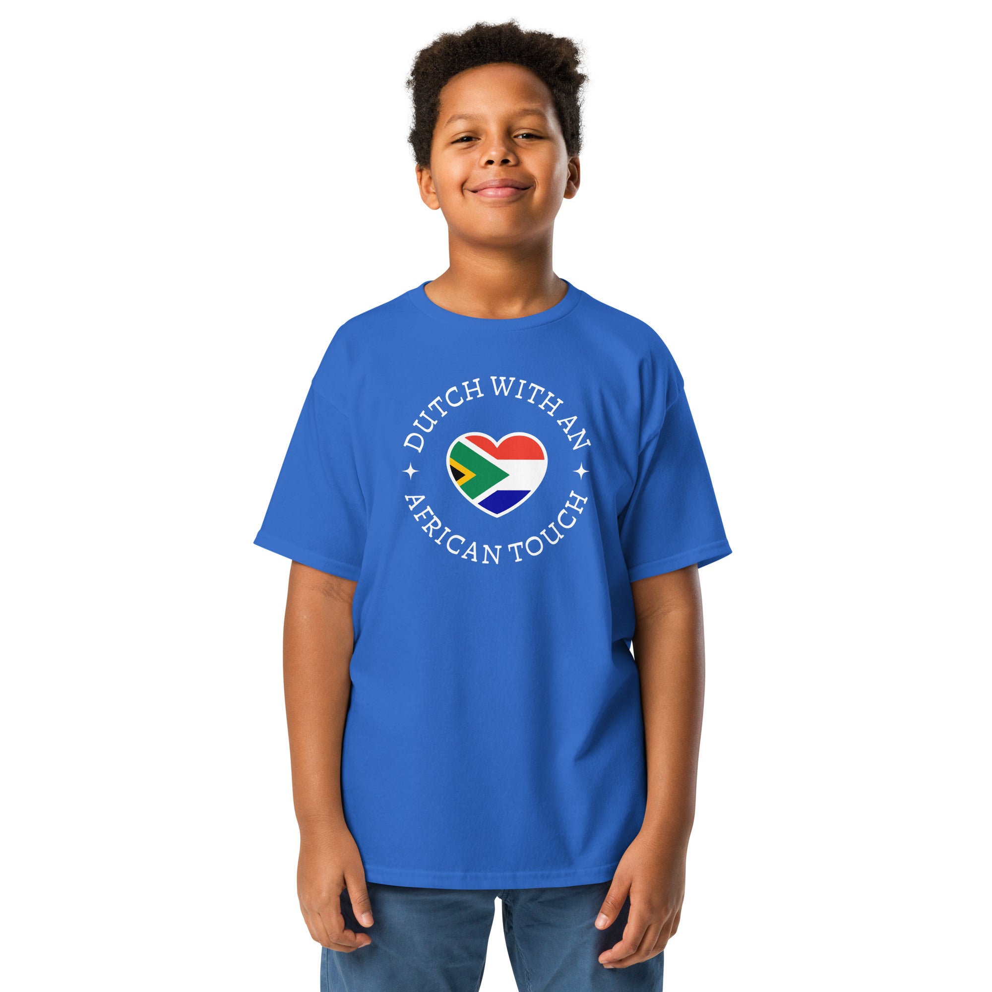 Youth t-shirt with “Dutch With An African Touch” text around a heart combining South African and Dutch flag colours.