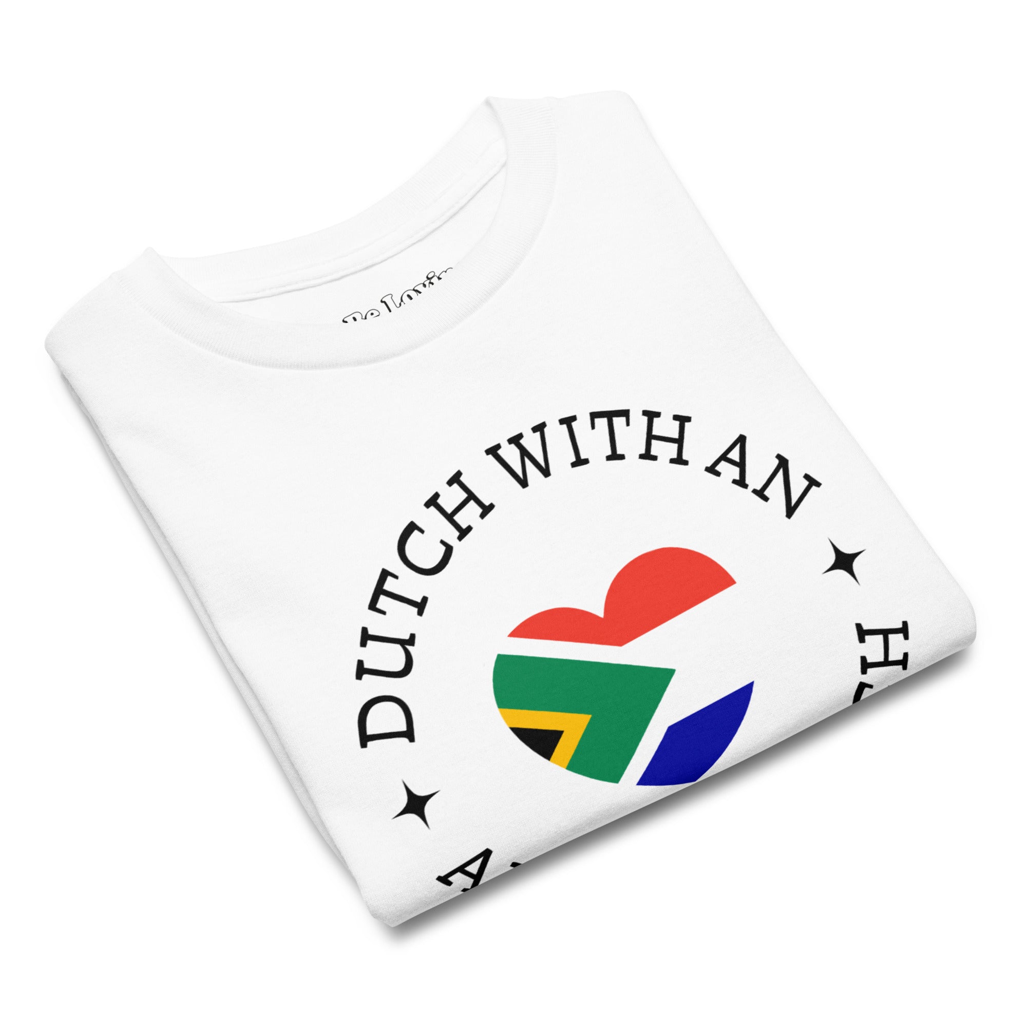 Youth t-shirt with “Dutch With An African Touch” text around a heart combining South African and Dutch flag colours.